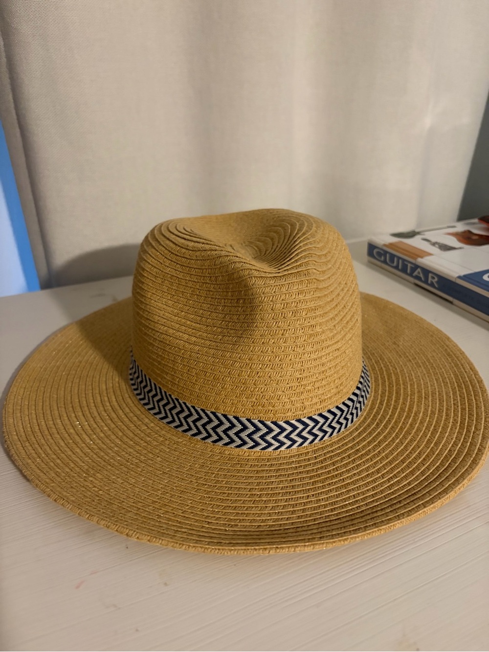 Goodfellow & Co Tan Straw Fedora with Navy-and-White Chevron Band